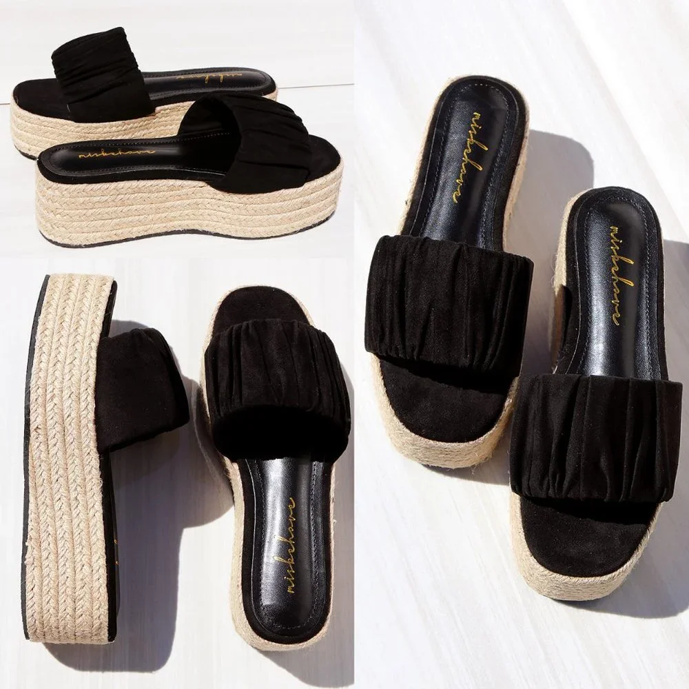 NEW Black Ruched Faux Suede Espadrille Slip On Slides Wedge Platform Sandal Shoe